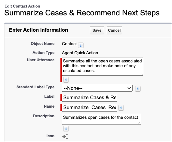 Configured agent quick action on the Contact object.