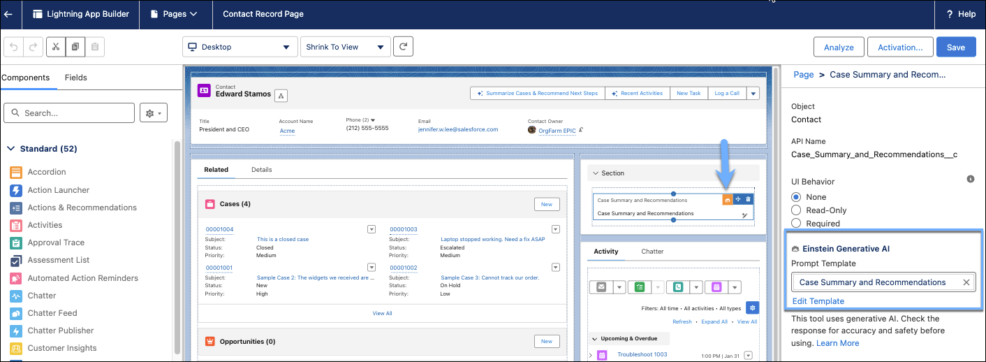 Field generation configuration in Lightning App Builder for the contact page.