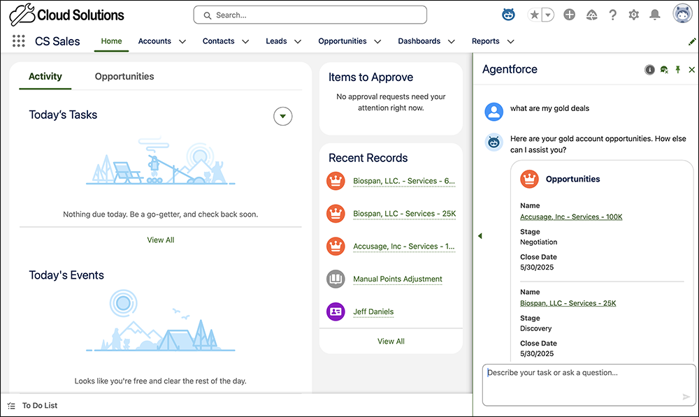 Agentforce side pane, showing Agentforce is presenting a number of opportunity records to choose from.