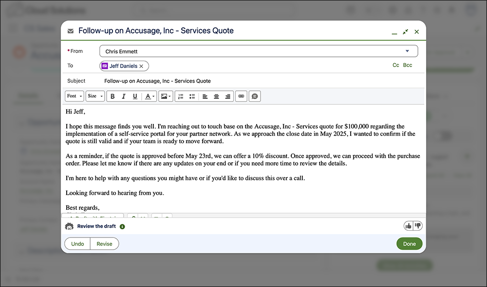 Email composer showing the email body has been automatically generated with Agentforce.