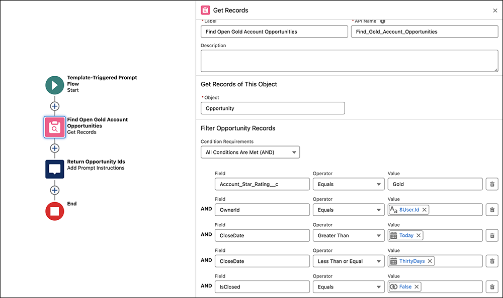 Flow Builder showing a database element shows five filters which determine which record to find.