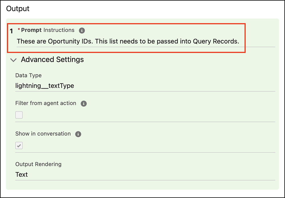 Agentforce Action Output showing a red box highlighting the contents of Output Prompt Instructions.