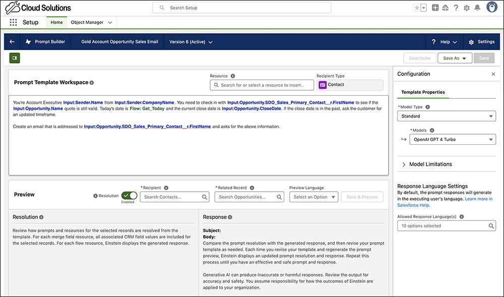 Prompt Builder showing a text box contains instructions to guide the email template.