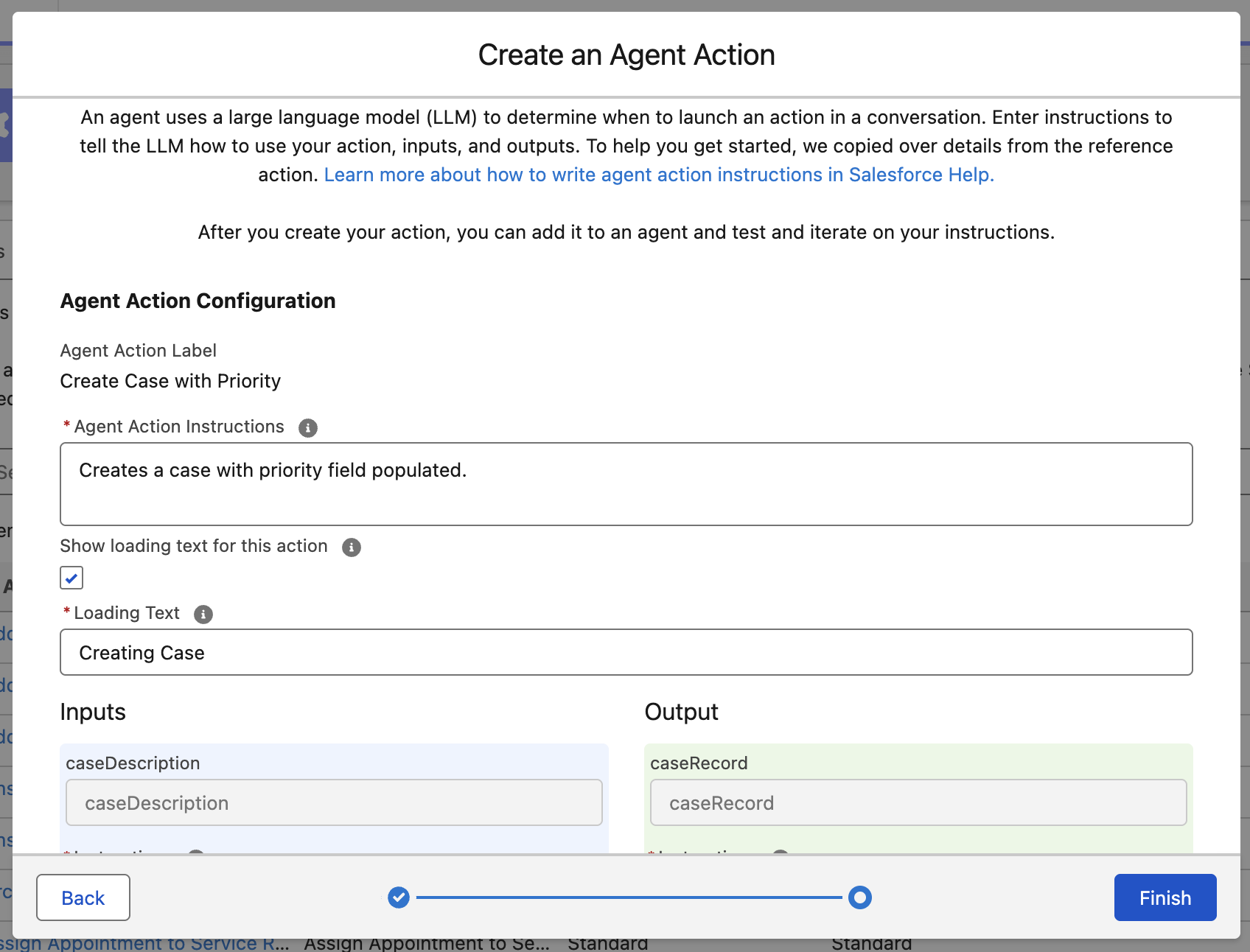 Create Case with Priority; configure custom action.