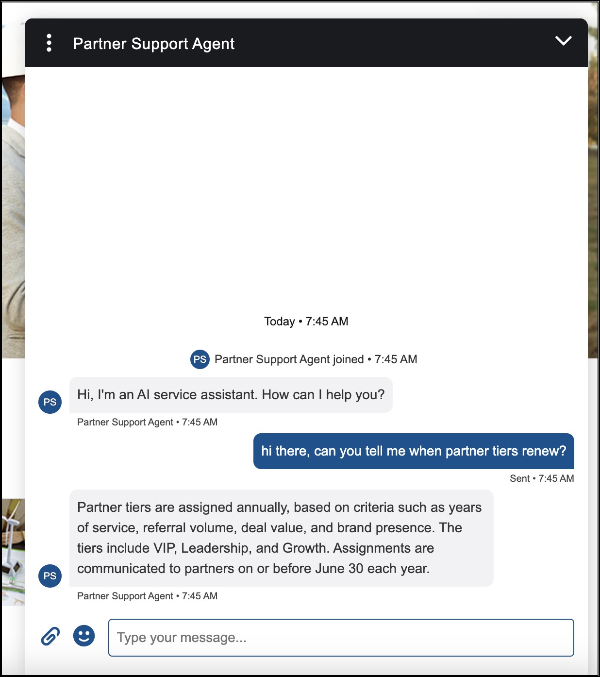 Service agent answering a question about when partner tiers renew.