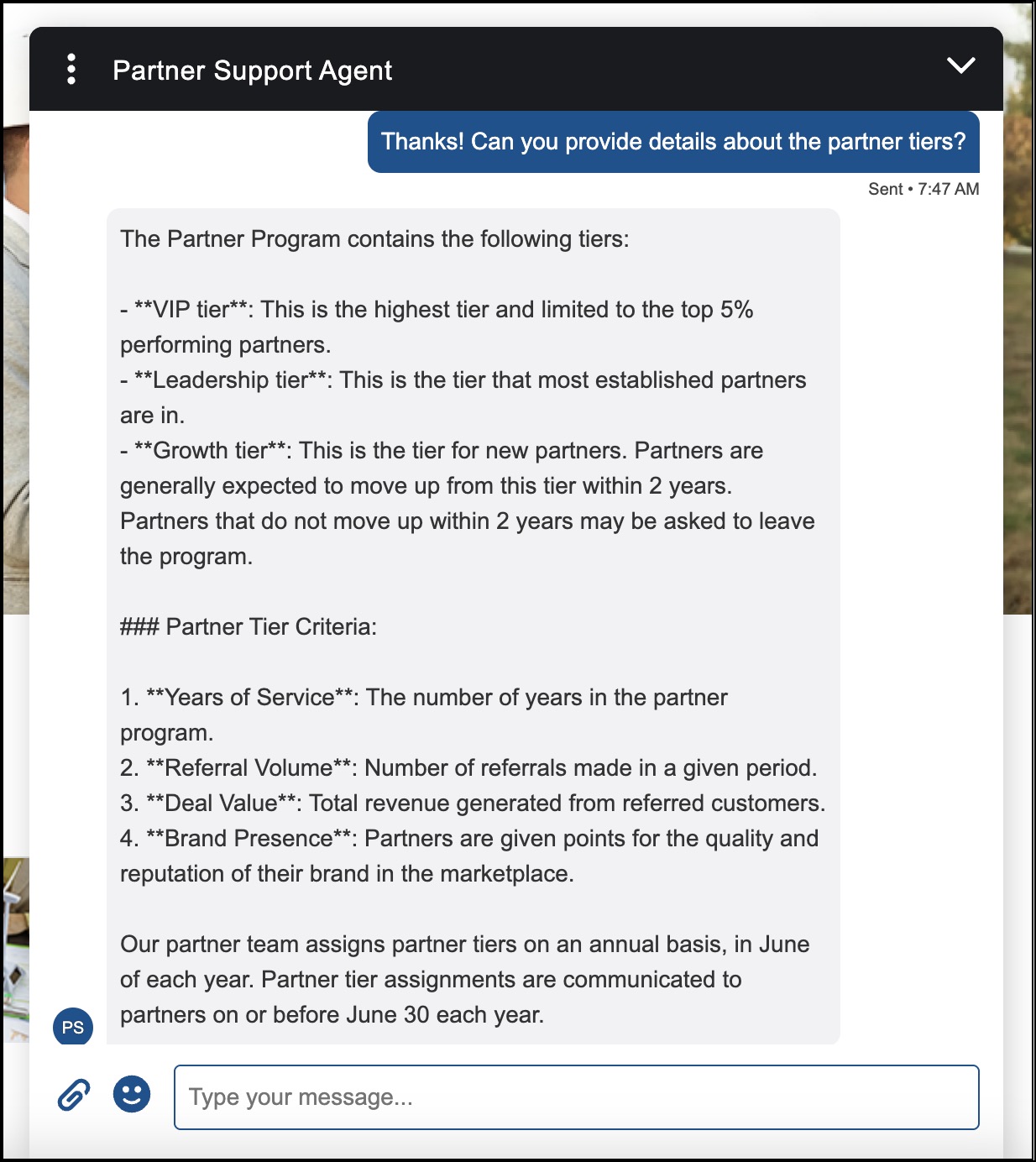 Service agent providing details about partner tiers.