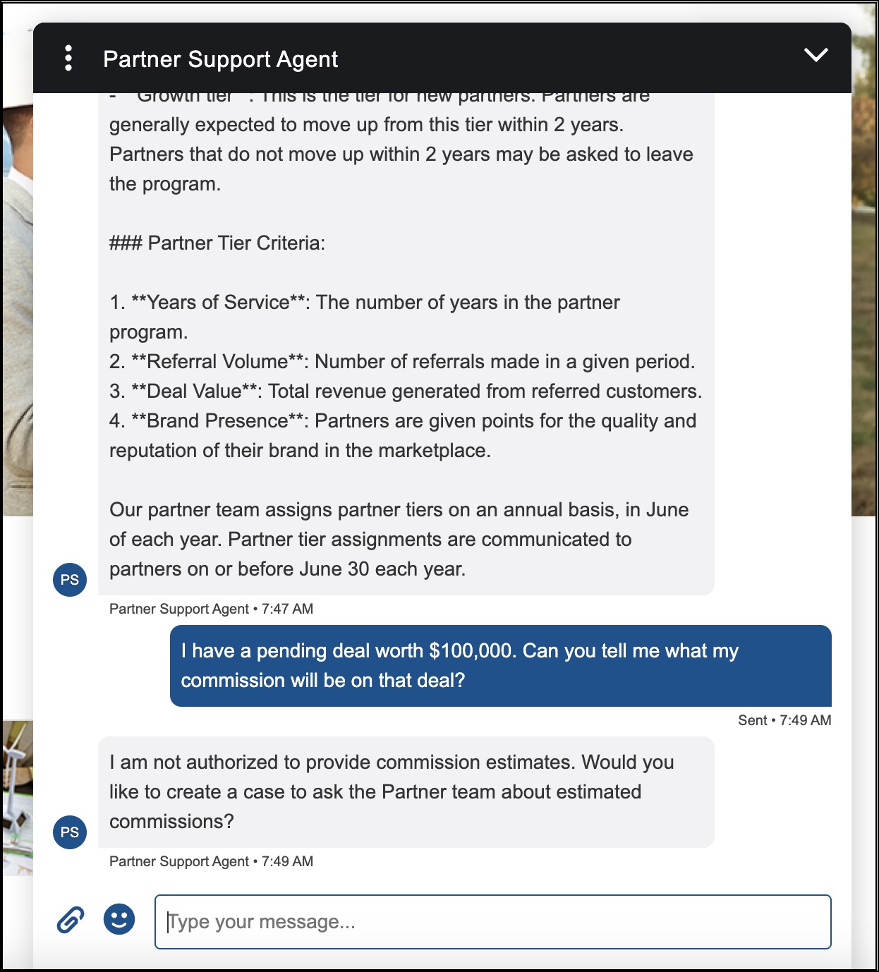 Service agent answering a question about commission estimates.