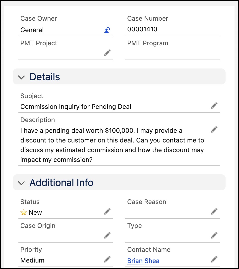 Confirming the service agent created the case.