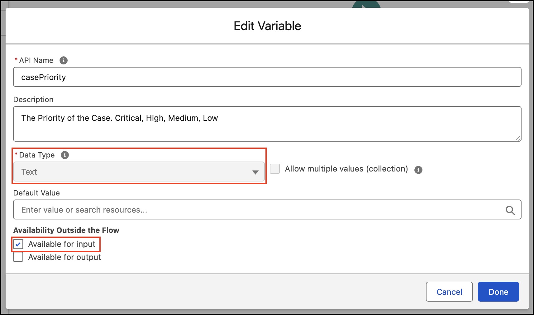 Create Case with Priority; create input variable in the flow.