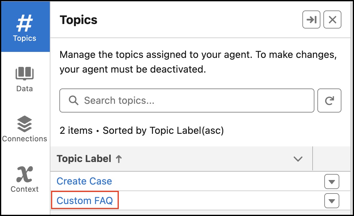 Agent topic: Custom FAQ.
