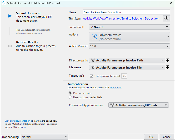 RPA configuration to send a document to a published IDP document action.