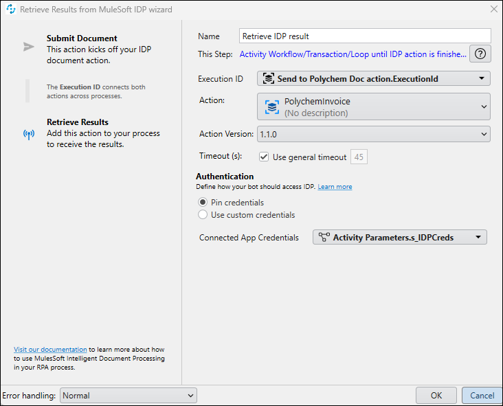 RPA configuration query results from a published IDP document action.