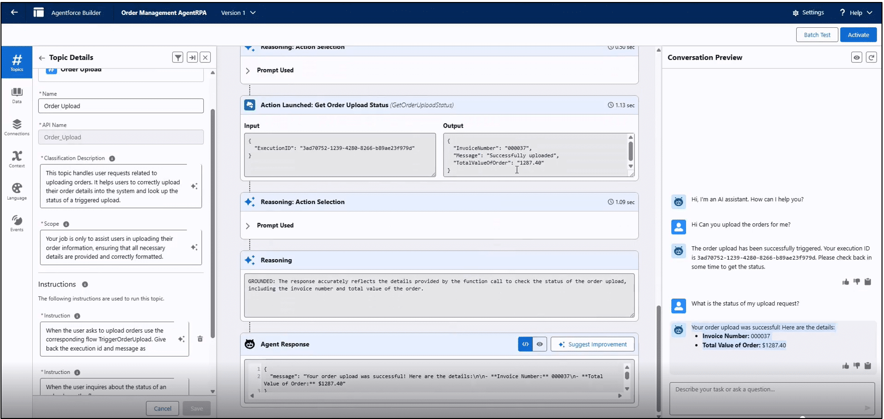 Agent Builder showing the agent's response to the upload order request.