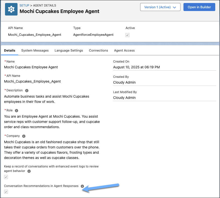 Enable ‘Conversation Recommendations in Agent Responses’ in the Details tab of your Employee Agent.