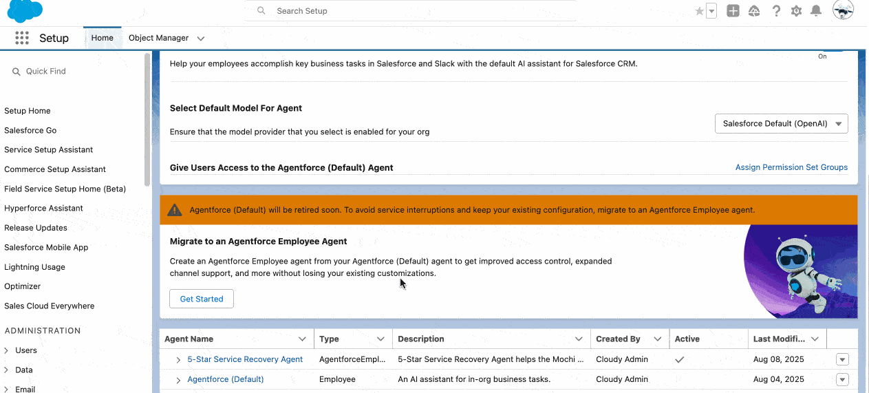 Agentforce (Default) agent migration flow to Employee Agent.