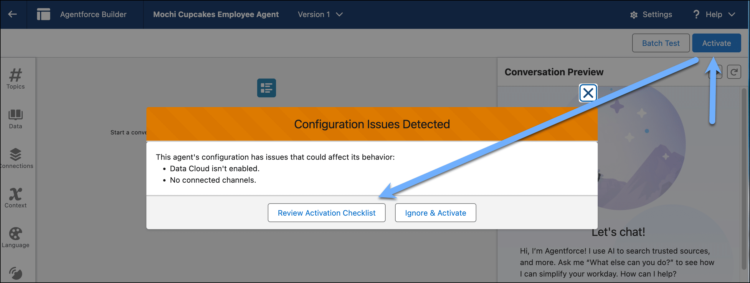 Configuration Issues Detected modal shown before activating an agent in Agentforce Builder.