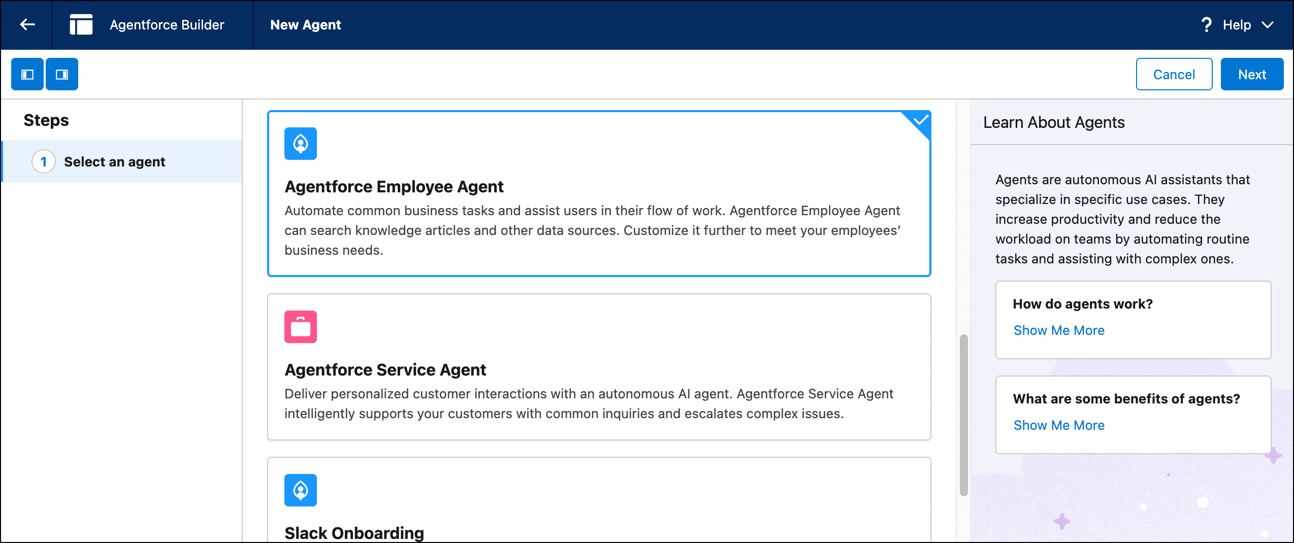 Agentforce Employee Agent template in Agentforce Builder.