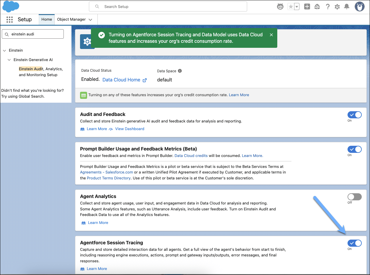 Enable Agentforce Session Tracing in Einstein Audit, Analytics, and Monitoring Setup