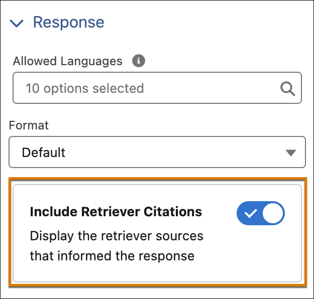 Enabling the Include Retriever Citations setting in the Response section of the Template Settings in Prompt Builder.