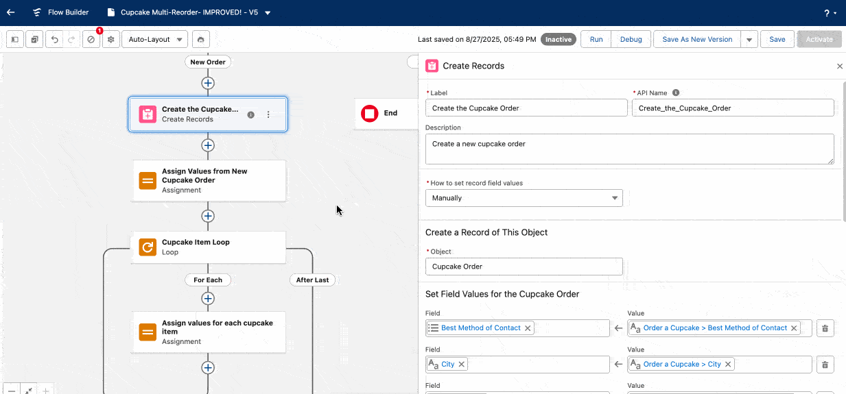 Once a record is created using a Create Records, you can reference the newly created recordId and other fields in the next step.