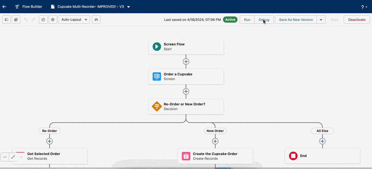 Enhanced debug experience for a screen flow