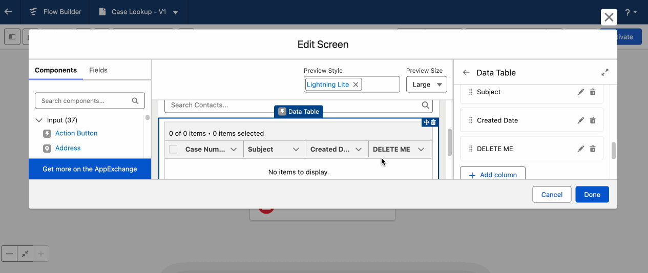 Salesforce will not allow you to delete a field referenced in a data table in a screen flow.]