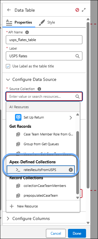 Selecting Apex-Defined Collections as the Source Collection in the Data Table component in a screen flow.