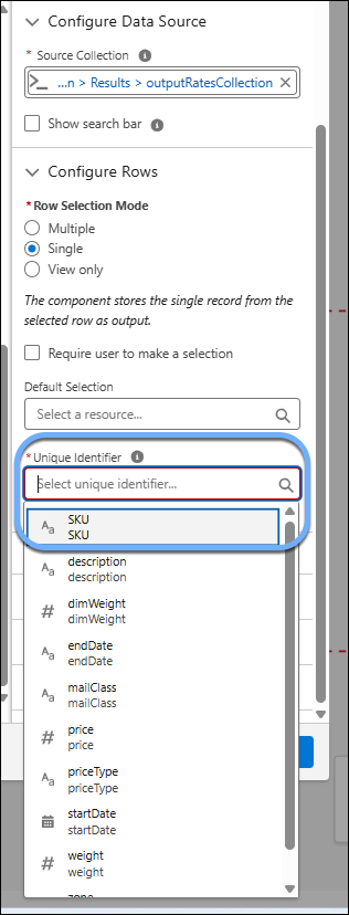 Screen flow Data Table component showing the setting of the unique identifier.