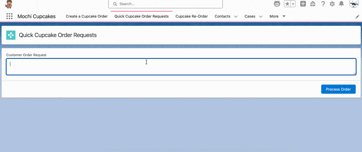 Screen flow that uses an agent to parse out information for a cupcake order into its structured output fields.
