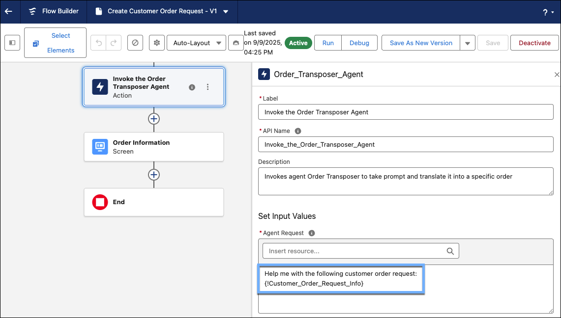 Describing what the agent should do in the Agent Request input value in an agent AI action in Flow Builder.