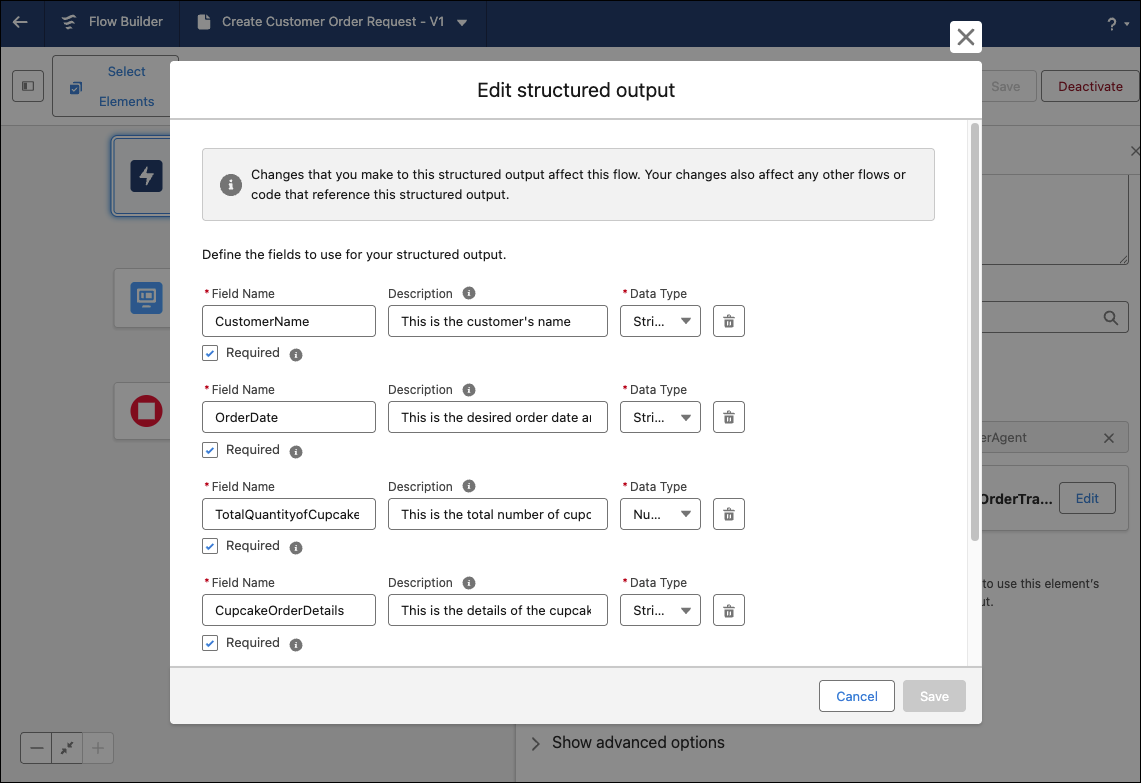Configure the structured output in the agent AI action in Flow Builder.