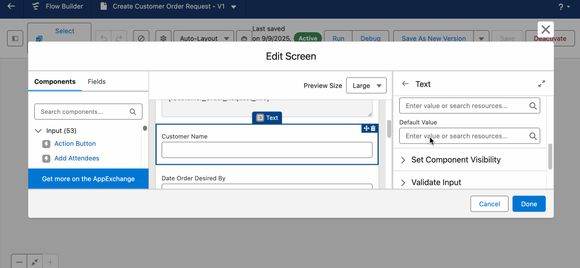 Selecting the action’s structured agent response field in Flow Builder.