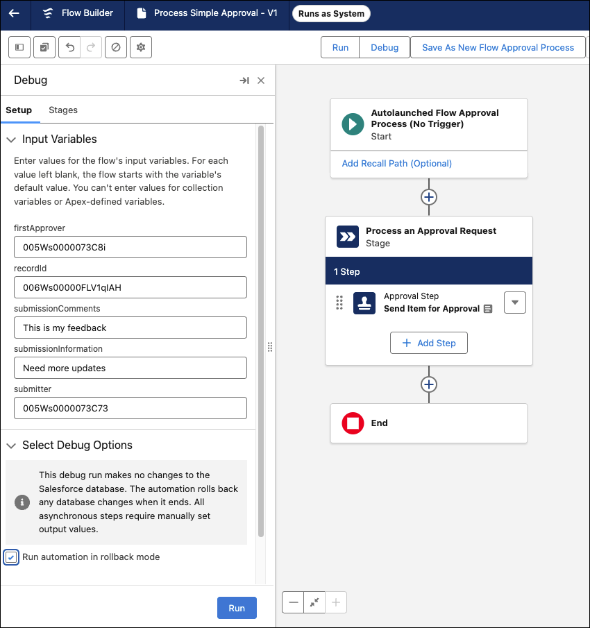 Debugging a flow approval process in Flow Builder.