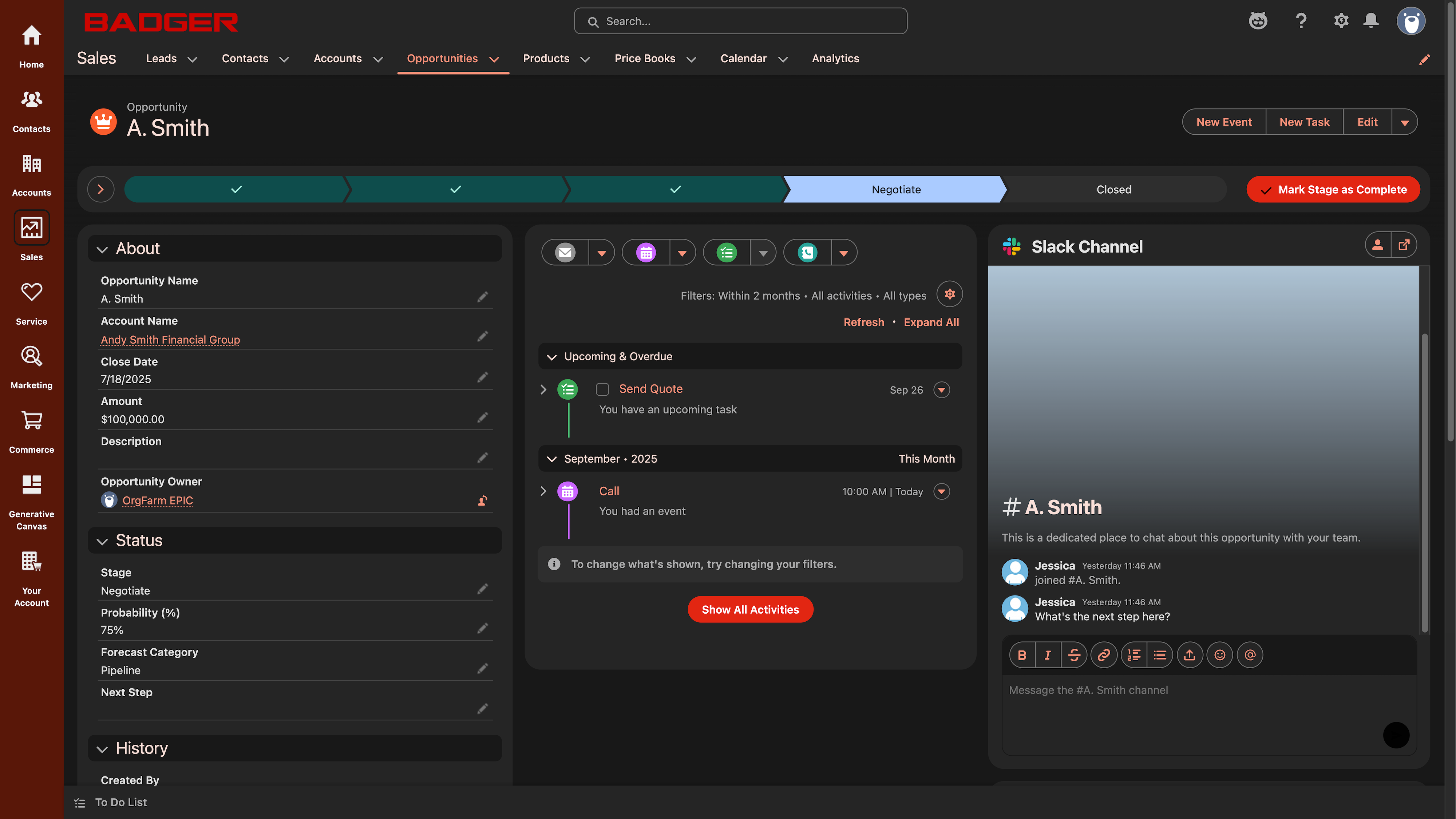 Salesforce Opportunity record page in dark mode.