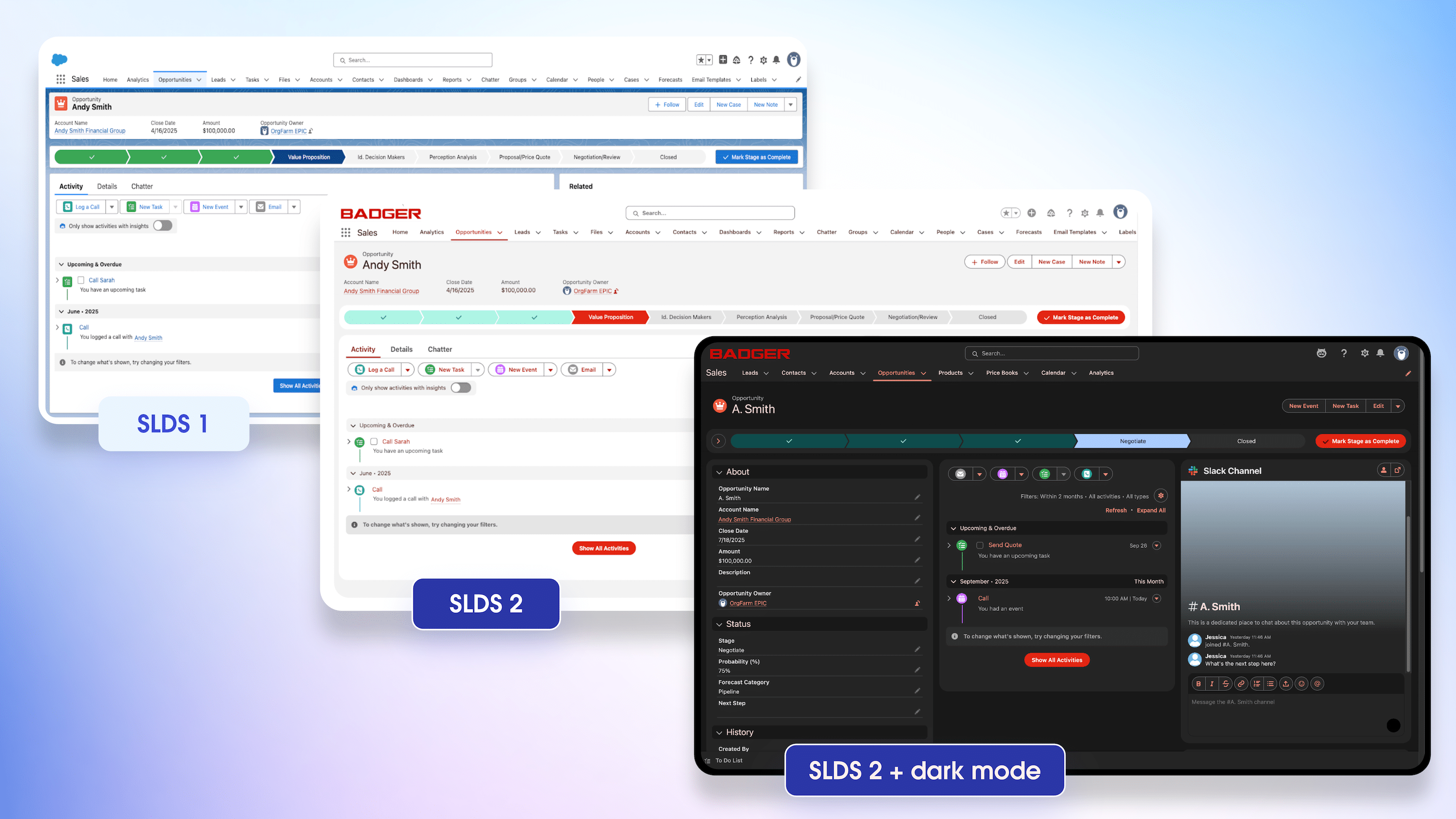 Salesforce UI modernization over time, moving from SLDS 1 to SLDS 2 to dark mode.