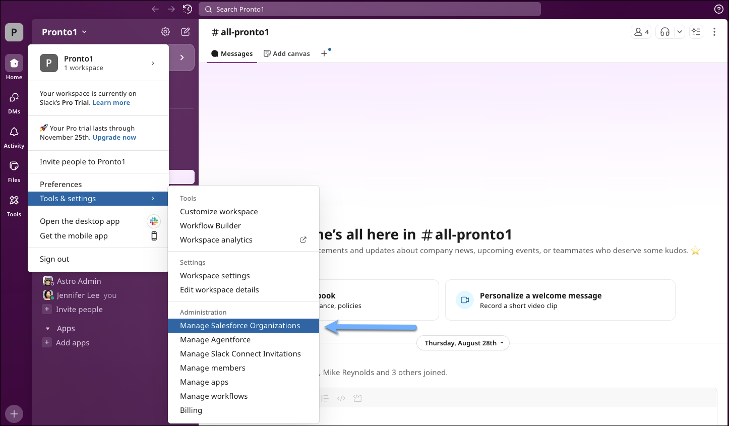 Steps to navigate to the Manage Salesforce Organizations page in Slack.