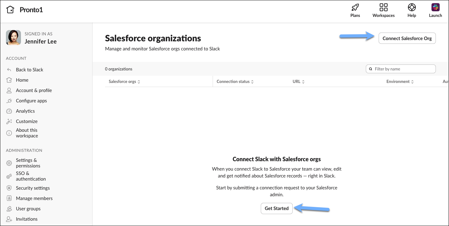 Salesforce organizations screen in Slack administration to connect the Salesforce org to Slack.