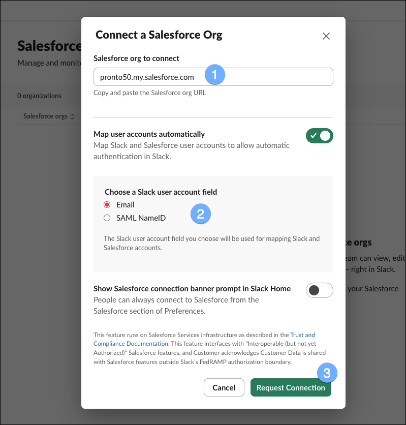 Slack form for connecting a Salesforce org.