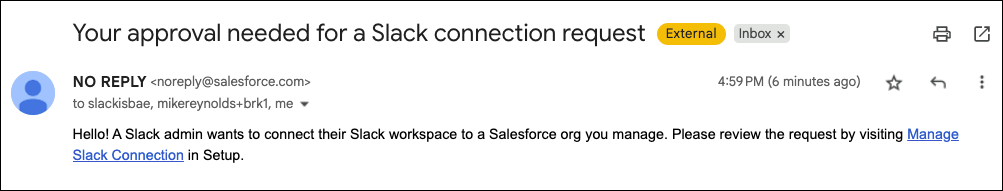Slack connection request email example.