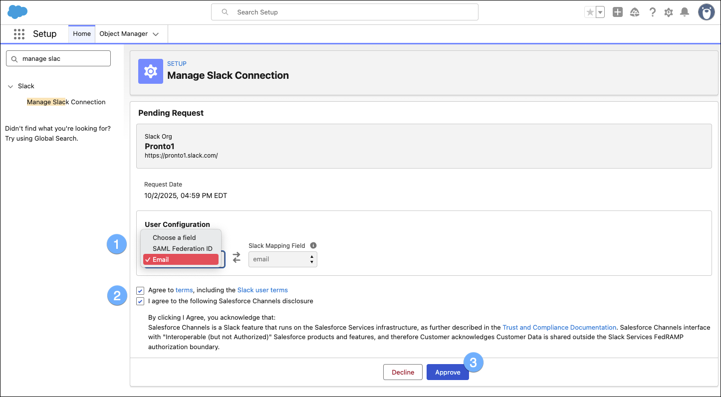 Configuring the connection with Slack on the Manage Slack Connection page in Salesforce Setup.