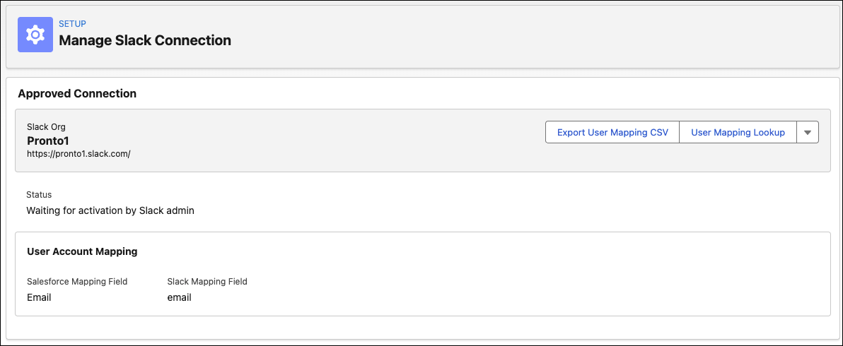 Approved connection screen in the Manage Slack Connection Setup page in Salesforce.