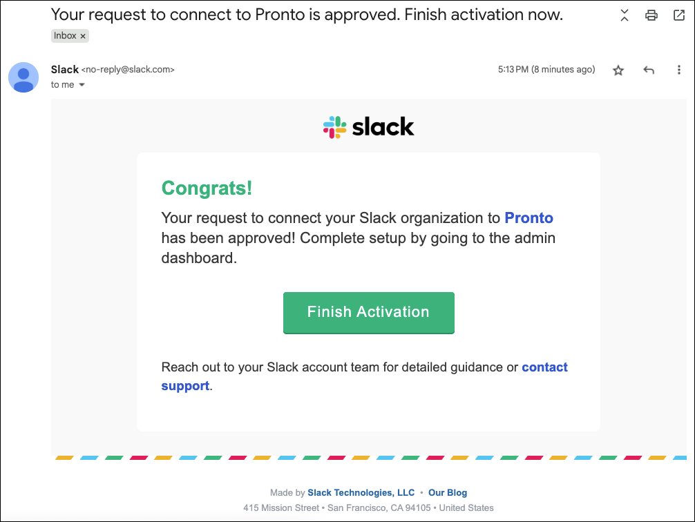 Email sent to Slack admin to finish the Salesforce org connection activation.