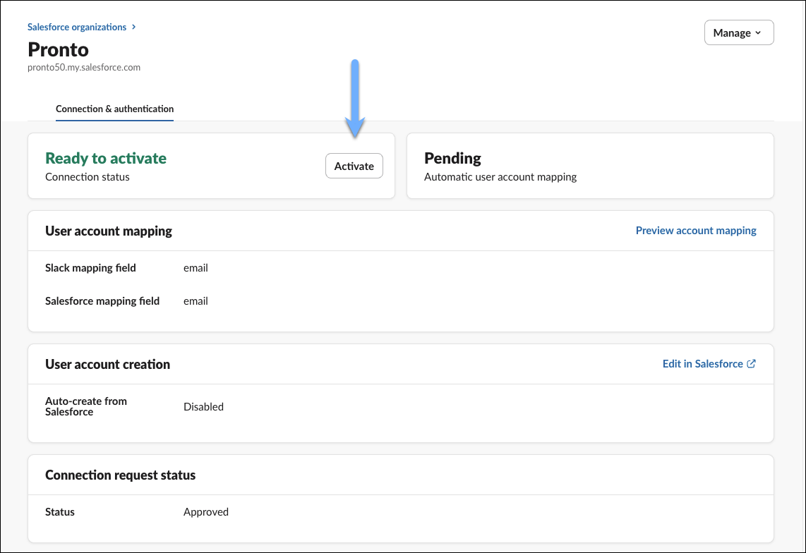 Salesforce org connection is ready to be activated in Slack.
