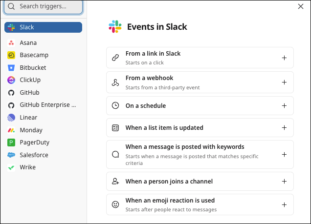 Slack events that start a Slack workflow.