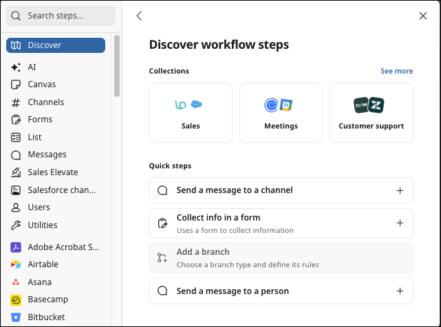 Workflow step menu in Slack Workflow Builder.