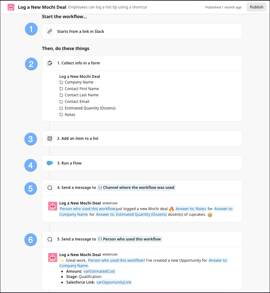 Configured Slack Workflow for ‘Log a New Mochi Deal’.