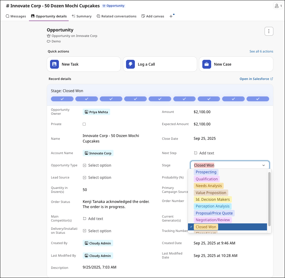 Update to an opportunity record in Slack.