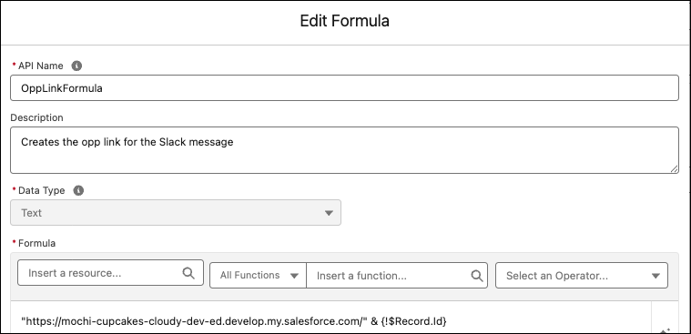 Formula resource used to create the opportunity link URL.