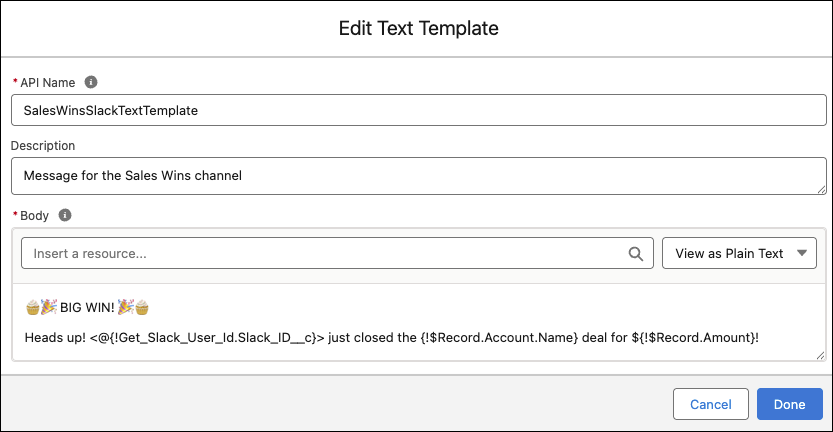 Text template for the Sales Wins channel Slack message.