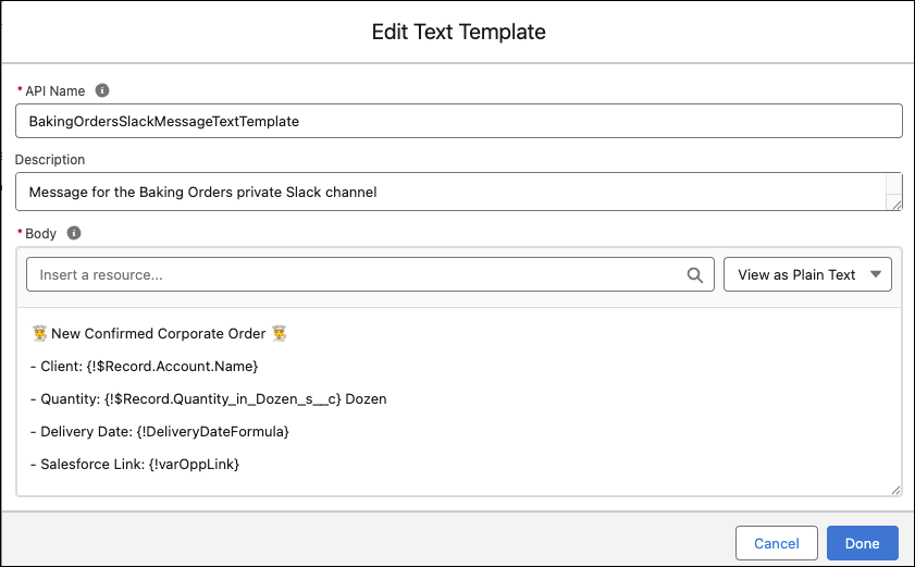 Text template for the Baking Orders channel Slack message.